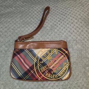 Lauren Ralph Lauren RL Polo Stewart Plaid Wristlet Brown Leather Accents Strap
